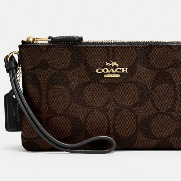 NWT COACH Double Corner Zip Wristlet In Signature Canvas in Brown/Black - Picture 2 of 5